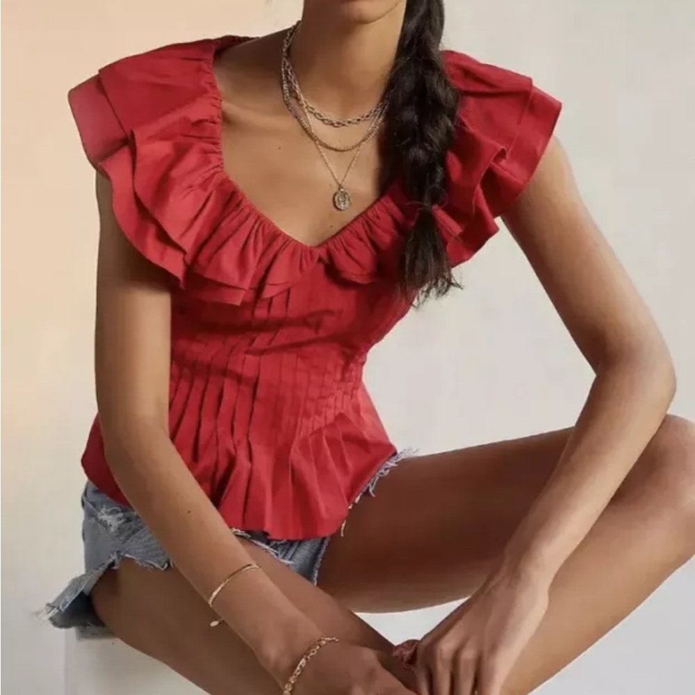 Anthropologie Top S FOREVER THAT GIRL Pin-tucked Ruffle Blouse Deep Red